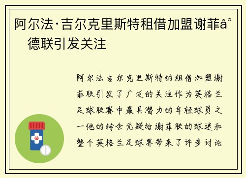 阿尔法·吉尔克里斯特租借加盟谢菲尔德联引发关注 阿尔法·吉尔克里斯特租借加盟谢菲尔德联引发关注