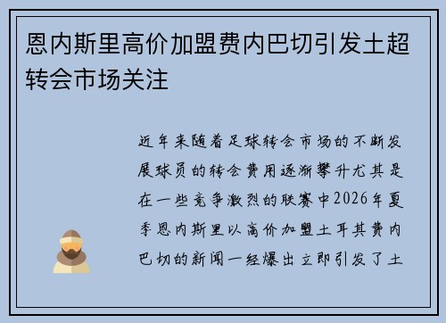 恩内斯里高价加盟费内巴切引发土超转会市场关注